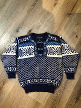Load image into Gallery viewer, Vintage Nordstrikk 100% wool quarter cut jumper with colourful blue and yellow Norwegian pattern and pewter clasps. Made in Norway  - Kingspier Vintage
