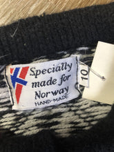 Load image into Gallery viewer, Vintage and Handmade “Made for Norway” 100% wool cardigan in a colourful Norwegian pattern with pewter clasps. Made in Norway - Kingspier Vintage
