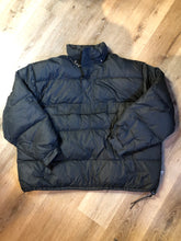 Load image into Gallery viewer, Vintage 1980s Woods down filled anorak jacket in black with nylon shell, front pouch pocket, handwarmer zip pockets, drawstring at the waist and adjustable velcro wrists. Made in Canada. Size XL.

