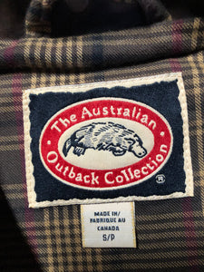 Vintage Australian Outback Collection Oilskin chore jacket with snap and zipper closure, flap pockets, wax cotton shell, plaid lining and leather trim. NWOT. Made in Canada - Kingspier Vintage