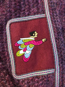 Vintage Pangnirtung Inuit handmade 100% wool cardigan in vibrant purples with felt applique designs and colourful embroidered trim. Made in Canada. - Kingspier Vintage