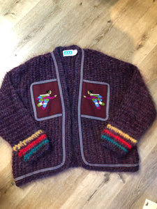 Vintage Pangnirtung Inuit handmade 100% wool cardigan in vibrant purples with felt applique designs and colourful embroidered trim. Made in Canada. - Kingspier Vintage