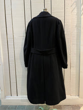 Load image into Gallery viewer, Vintage black 100% wool double breasted long naval uniform coat by Cowell Prince Pants and Clothing Co. with partial lining, two front pockets and two inside pockets.

Size 2, chest 44”
