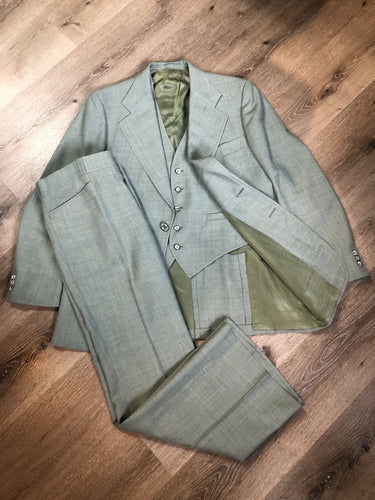 Vintage Rofihe's three piece mint green polyester and wool blend suit. Circa 1960s/ 70s. Union made in Canada.- Kingspier Vintage