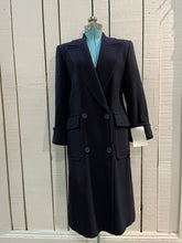 Load image into Gallery viewer, Vintage Fleurette of California from Nordstrom navy double breasted 100% camel hair coat with flap pockets.

Union Made in USA
Chest 41”

