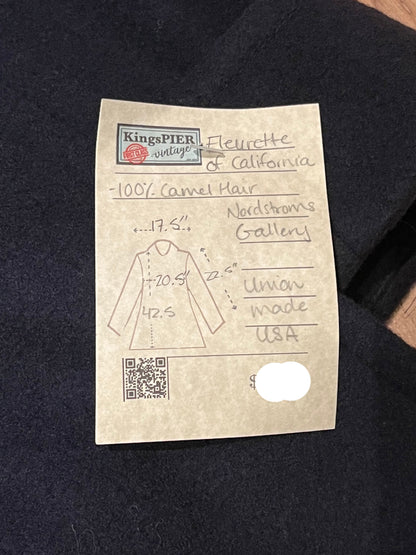 Vintage Fleurette of California from Nordstrom navy double breasted 100% camel hair coat with flap pockets.

Union Made in USA
Chest 41”