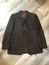 Load image into Gallery viewer, Vintage Warren Kloors 100% wool suit in brown and orange plaid. Lining has been extended in both jacket and pants. Made in Canada - Kingspier Vintage
