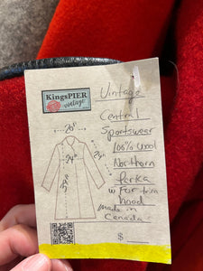 Vintage Central Sportswear Co. red 100% pure virgin wool northern parka with zipper closure, handwarmer pockets, quilted lining, fur trimmed hood and embroidered northern life motif.
 
Made in Canada
Size 12