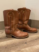 Load image into Gallery viewer, Vintage SECA western style brown leather safety boots with steel toes and goodyear welt synthetic soles. Made in Canada.  Size - no marked size but it fits like a 9.5/ 10M US/ 43 EUR
