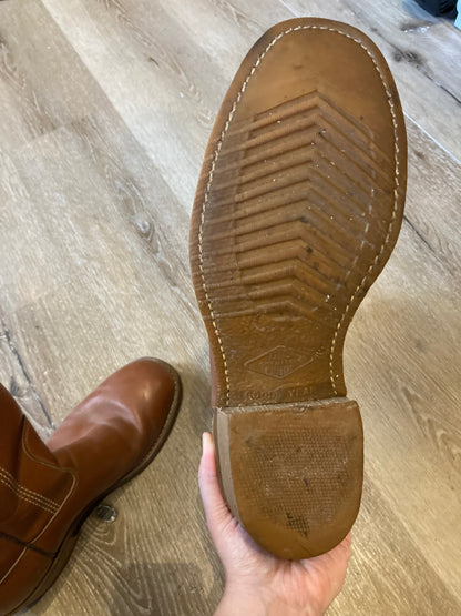 Vintage SECA western style brown leather safety boots with steel toes and goodyear welt synthetic soles. Made in Canada.  Size - no marked size but it fits like a 9.5/ 10M US/ 43 EUR