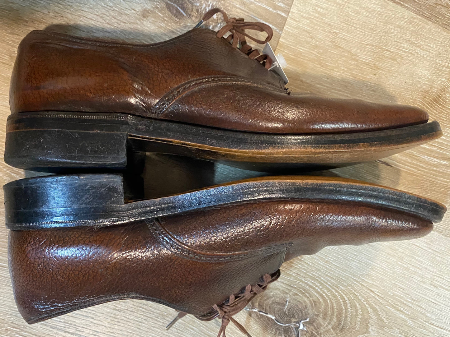 Kingspier Vintage - 1970s Brown Pebbled Leather Plain Toe Derbies - Sizes: 9M 11W 42EURO, Made in England, Genuine Leather Insoles, Leather Soles and Rubber Heels