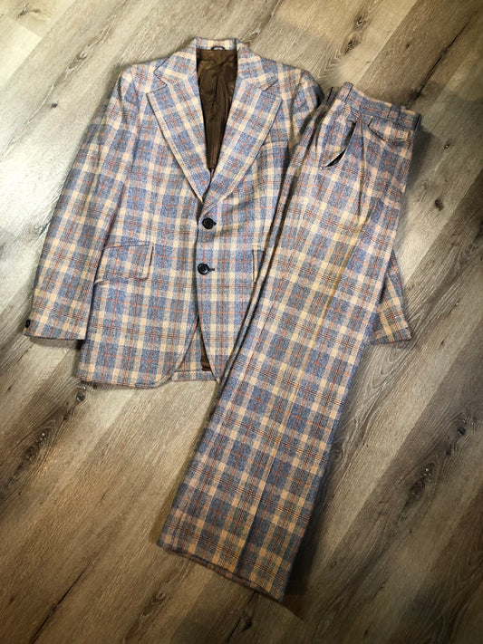 Vintage Henley two piece wool blend suit in orange, navy and white plaid, Circa 1970s. Union made in Canada.