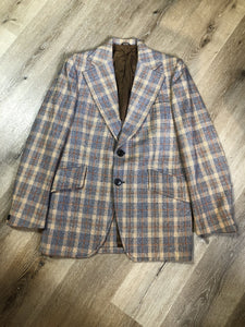 Vintage Henley two piece wool blend suit in orange, navy and white plaid, Circa 1970s. Union made in Canada.