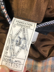 Vintage Henley two piece wool blend suit in orange, navy and white plaid, Circa 1970s. Union made in Canada.  - Kingspier Vintage