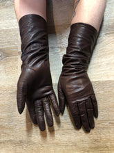 Load image into Gallery viewer, Kingspier Vintage - Brown leather three-quarter length gloves feature a rayon lining. Size small/ 7.
