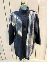 Load image into Gallery viewer, Vintage Epsilon blue and white 100% pure virgin wool coat with attached scarf, button closures and two front pockets.

Made in Canada
Size 10
