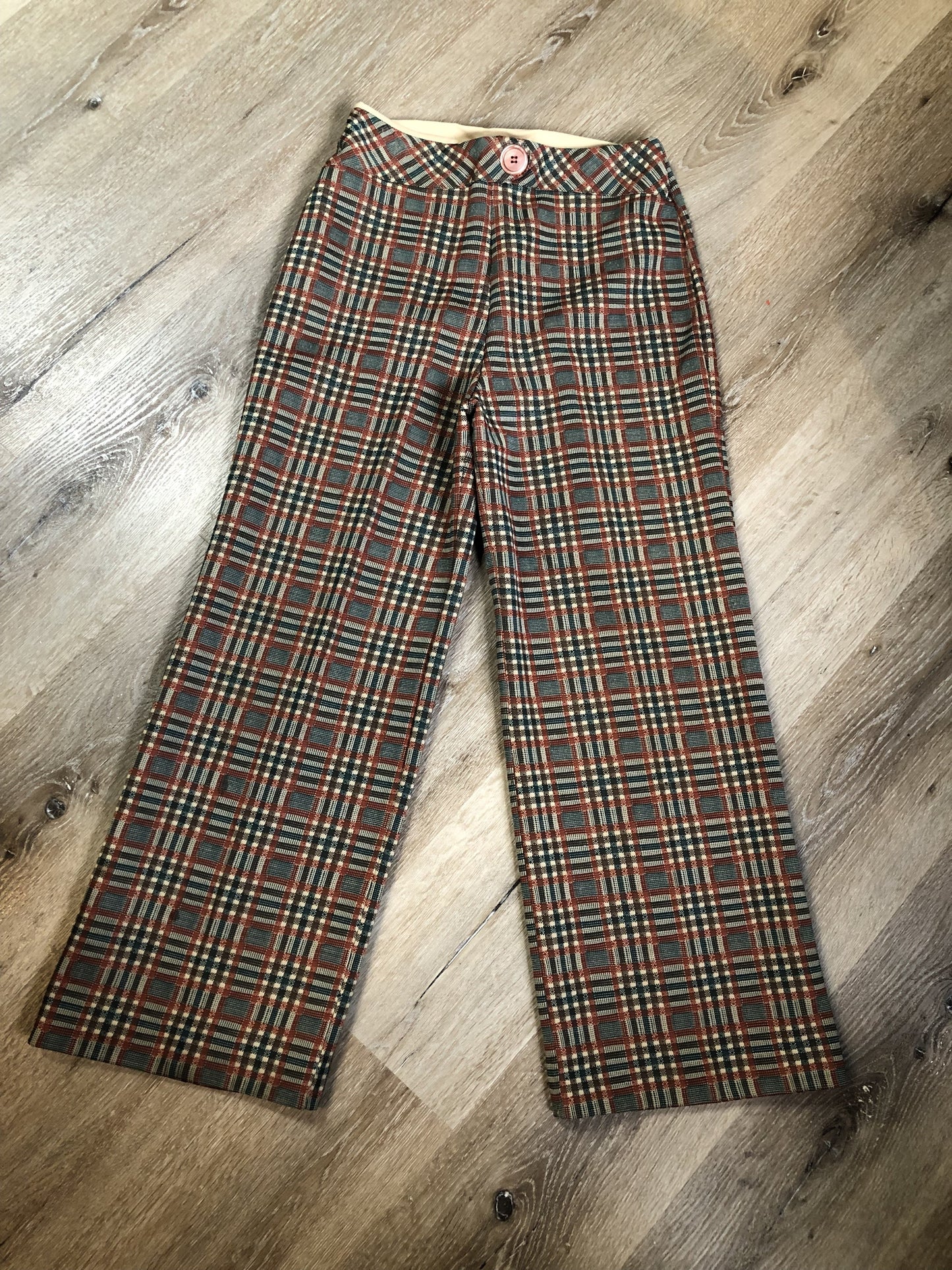 Vintage Mr. Toni 1970s 100% polyester two piece suit in rust, white and green plaid. Union made in Canada - Kingspier Vintage