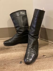 Vintage calf height black leather boots circa 1960. Leather lined with leather soles.  Size 10M, 12W US, 43 EUR