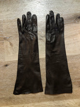 Load image into Gallery viewer, Kingspier Vintage - Dark brown kid leather three-quarter length gloves. Beautiful soft and lightweight leather. Made in France, Size small/ 7.
