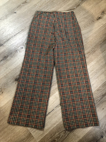 Vintage Mr. Toni 1970s 100% polyester two piece suit in rust, white and green plaid. Union made in Canada - Kingspier Vintage