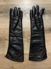 Load image into Gallery viewer, Kingspier Vintage - Black leather three-quarter length gloves feature a lining and a stretchy section for comfort. Size small/ 8.
