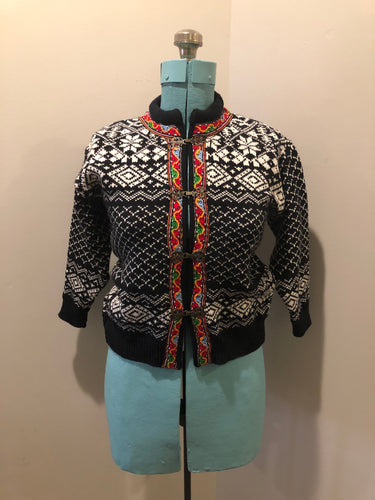 Vintage and Handmade “Made for Norway” 100% wool cardigan in a colourful Norwegian pattern with pewter clasps. Made in Norway - Kingspier Vintage