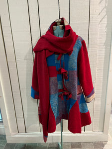 Red and blue wool blend (80% wool/ 20%) patch work coat with matching scarf, toggle closures and two front pockets.

Made in Italy
Chest 43”