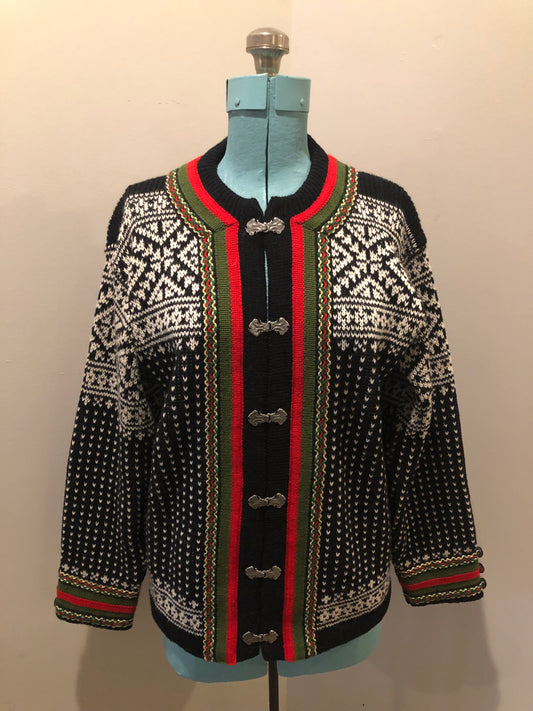 Vintage Nordstrikk 100% wool cardigan with colourful Norwegian pattern and pewter clasps. NWOT. Made in Norway - Kingspier Vintage