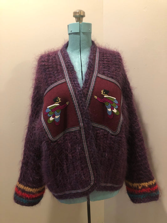 Vintage Pangnirtung Inuit handmade 100% wool cardigan in vibrant purples with felt applique designs and colourful embroidered trim. Made in Canada. - Kingspier Vintage