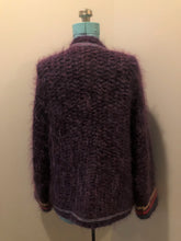 Load image into Gallery viewer, Vintage Pangnirtung Inuit handmade 100% wool cardigan in vibrant purples with felt applique designs and colourful embroidered trim. Made in Canada. - Kingspier Vintage
