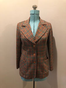 Vintage Mr. Toni 1970s 100% polyester two piece suit in rust, white and green plaid. Union made in Canada - Kingspier Vintage