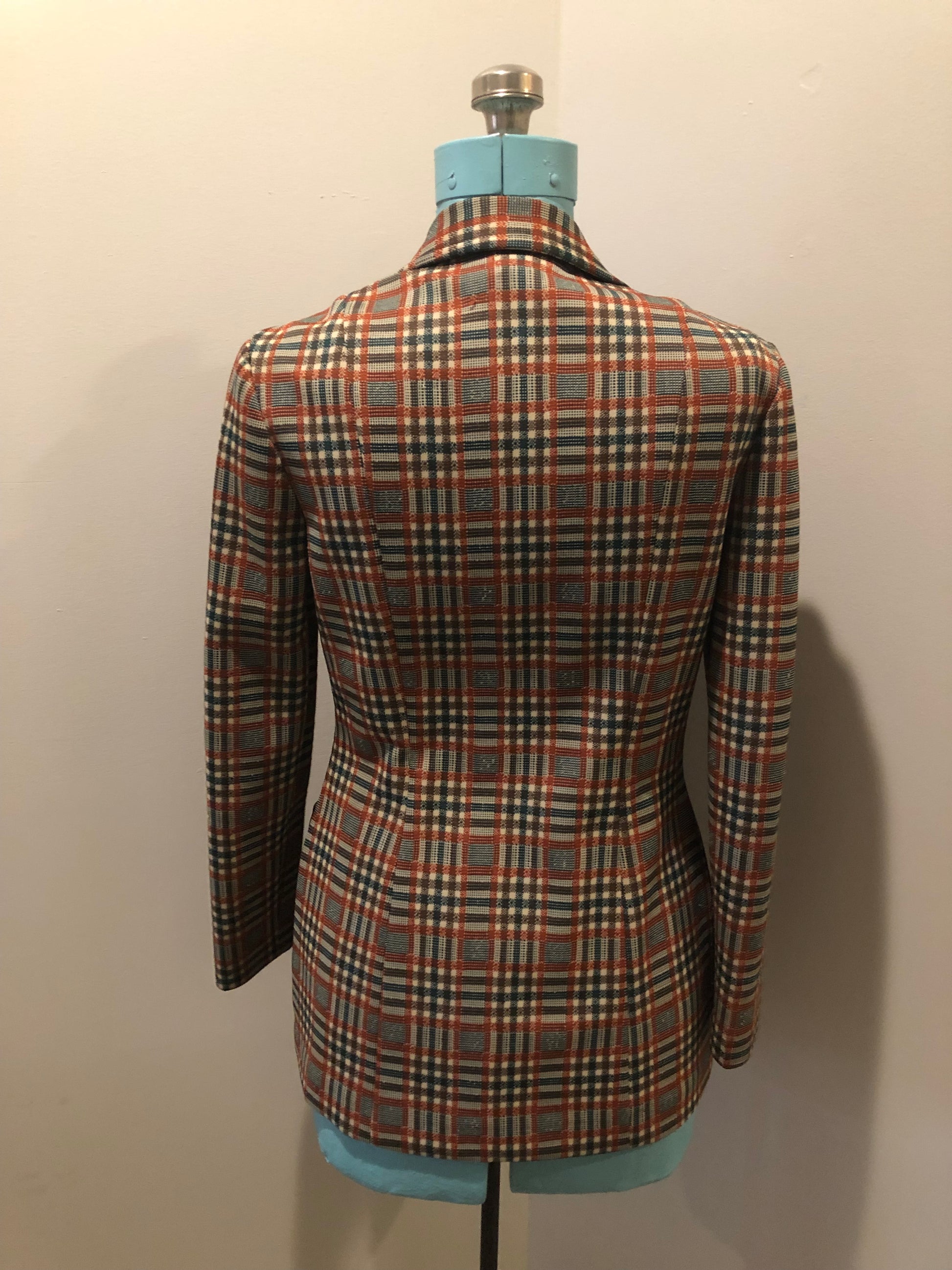 Vintage Mr. Toni 1970s 100% polyester two piece suit in rust, white and green plaid. Union made in Canada - Kingspier Vintage