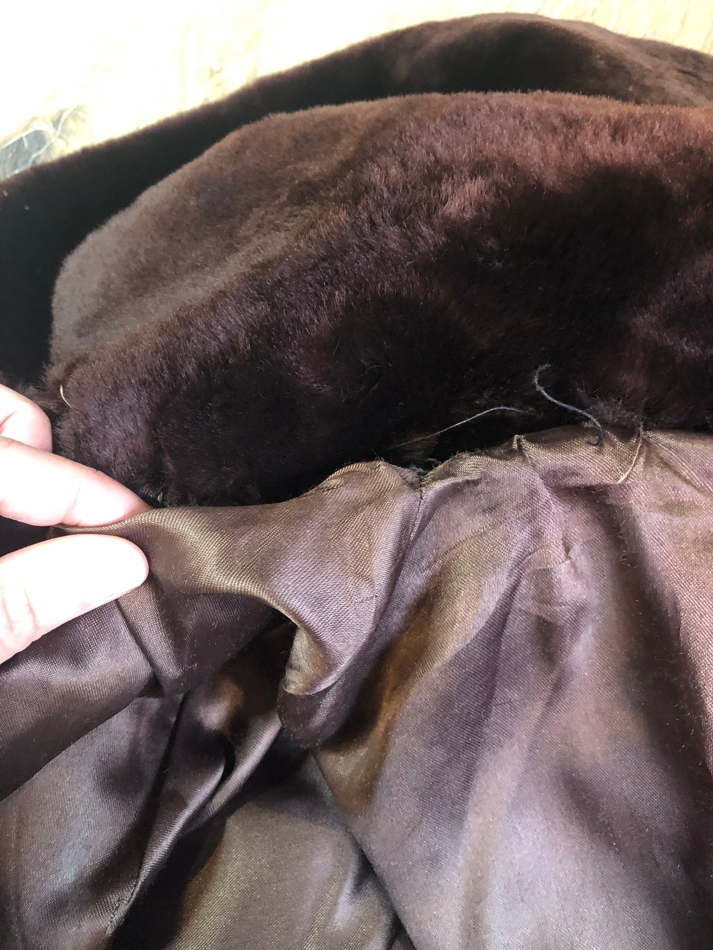 Vintage Martins of London “Glamar” weatherproofed lambs fur in dark brown with satin lining, hook and eye clasps and pockets - Kingspier Vintage