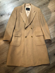 Vintage Saks Fifth Avenue full length double breasted coat in natural camel hair with flap pockets and satin lining. Union made in USA - Kingspier Vintage
