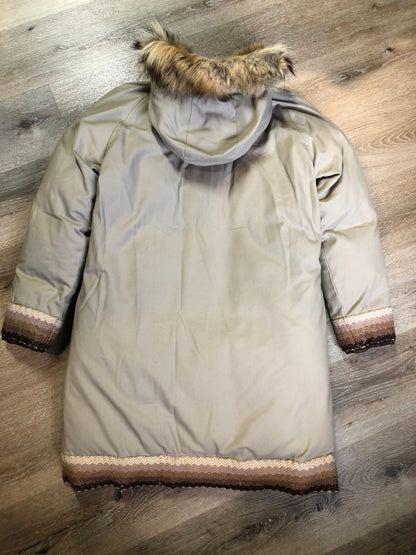 Kingspier Vintage - Vintage Rice Sportswear beige down-filled parka, with a fox fur trimmed hood. This exceptionally warm parka has embroidered ribbon detail in the cuffs and bottom hem. Parka features zipper and ribbon button closures, flap pockets and handwarmer pockets, Size medium. Made in Canada.
