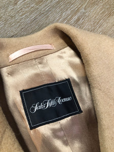 Vintage Saks Fifth Avenue full length double breasted coat in natural camel hair with flap pockets and satin lining. Union made in USA - Kingspier Vintage