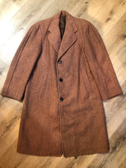 Vintage Herringbone full length wool coat in rust colour with button closures, satin lining and slash pockets - Kingspier Vintage