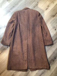 Vintage Herringbone full length wool coat in rust colour with button closures, satin lining and slash pockets - Kingspier Vintage