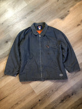 Load image into Gallery viewer, Kingspier Vintage - Dickie’s grey insulted chore jacket with grey corduroy collar, zipper closure, slash pockets, one zip pocket on the chest, one inside pocket and bright orange quilted lining. Size large.
