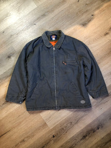 Kingspier Vintage - Dickie’s grey insulted chore jacket with grey corduroy collar, zipper closure, slash pockets, one zip pocket on the chest, one inside pocket and bright orange quilted lining. Size large.
