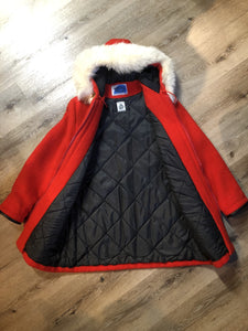 Vintage James Bay 100% virgin wool northern parka in bright red. This parka features a white fur trimmed hood, zipper closure, patch pockets, quilted lining, storm cuffs, embroidery details and northern fishing scene in felt applique. Made in Canada - Kingspier Vintage