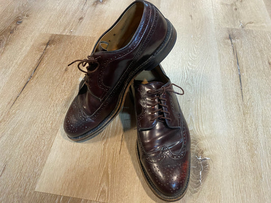 Kingspier Vintage - Dark Burgundy Full Brogue Wingtip Derbies by Dack's Finest Quality Shoes for Men - Sizes: 9M 11W 42EURO, Made in Mexico, Dack's Leather Soles and Rubber Heels, Genuine Goodyear Welt Leather Insoles, Some Fading on Tongue and Toe