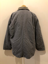 Load image into Gallery viewer, Kingspier Vintage - Dickie’s grey insulted chore jacket with grey corduroy collar, zipper closure, slash pockets, one zip pocket on the chest, one inside pocket and bright orange quilted lining. Size large.
