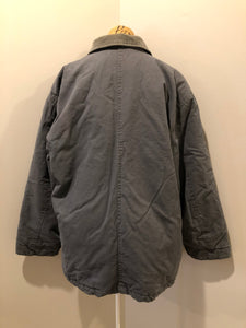 Kingspier Vintage - Dickie’s grey insulted chore jacket with grey corduroy collar, zipper closure, slash pockets, one zip pocket on the chest, one inside pocket and bright orange quilted lining. Size large.