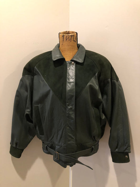 Kingspier Vintage - Bainton green leather jacket with green suede details, zipper and snap closures, slash pockets and black lining. Made in Canada. Size large.