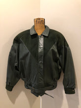 Load image into Gallery viewer, Kingspier Vintage - Bainton green leather jacket with green suede details, zipper and snap closures, slash pockets and black lining. Made in Canada. Size large.
