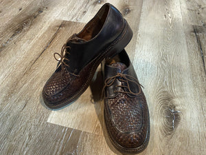 Kingspier Vintage - Brown Basket Weave Leather Derbies with Dark Brown Quarters/Back by Antica Cuoieria Shoemaker’s Goodyear Type - Sizes: 9.5M 11.5W 42.5EURO, Made in Italy, Vero Cuoio Leather Soles and Insoles, Antica Cuoieria Rubber Heels