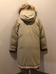 Kingspier Vintage - Vintage Rice Sportswear beige down-filled parka, with a fox fur trimmed hood. This exceptionally warm parka has embroidered ribbon detail in the cuffs and bottom hem. Parka features zipper and ribbon button closures, flap pockets and handwarmer pockets, Size medium. Made in Canada.