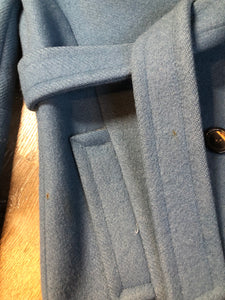 Hudson’s Bay Company Blue 100% virgin wool point blanket coat in a double breasted swing coat style with belt, detachable hood, button closures, slash pockets and satin lining. Made in Canada. Size small - Kingspier Vintage
