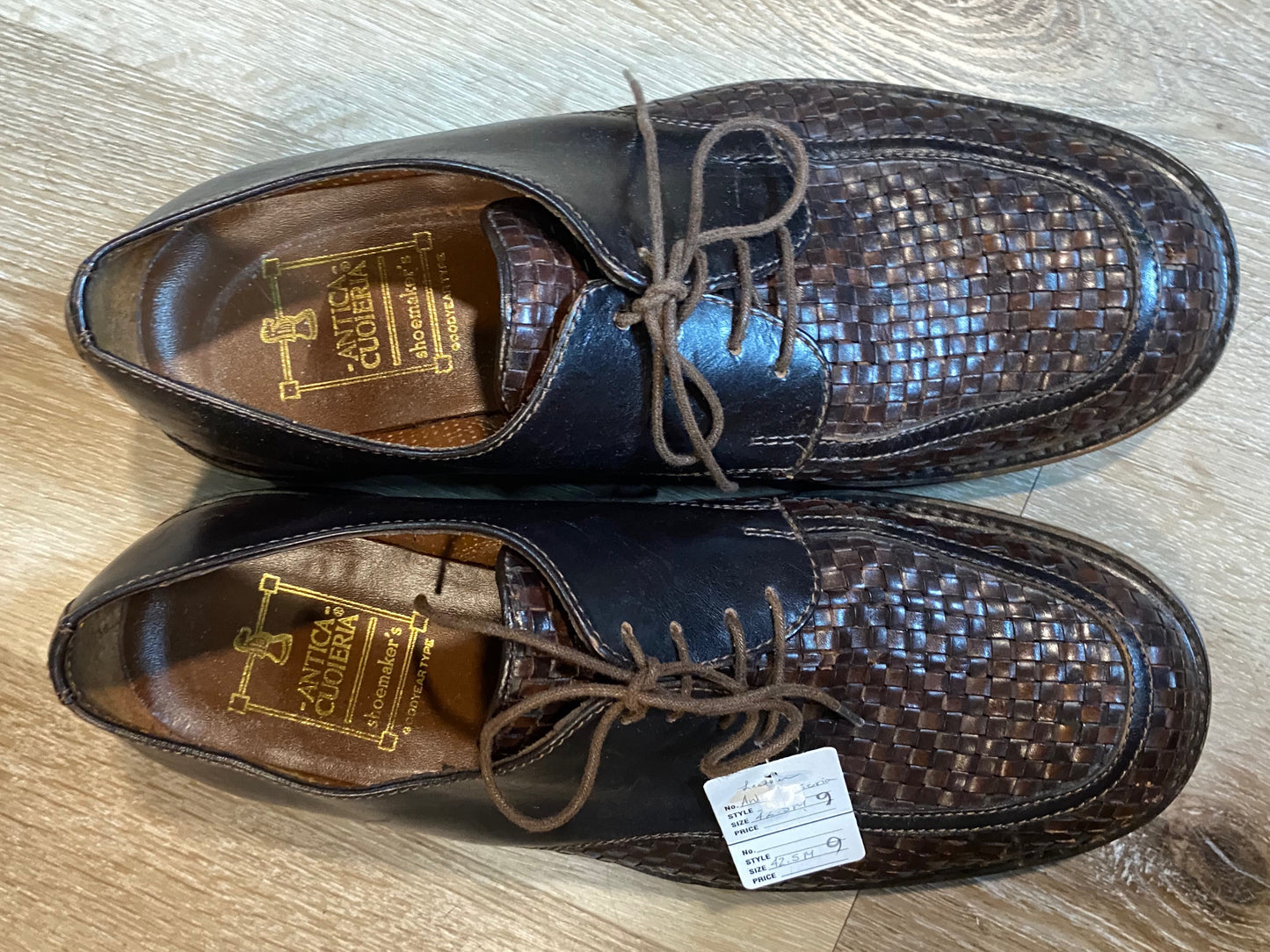 Kingspier Vintage - Brown Basket Weave Leather Derbies with Dark Brown Quarters/Back by Antica Cuoieria Shoemaker’s Goodyear Type - Sizes: 9.5M 11.5W 42.5EURO, Made in Italy, Vero Cuoio Leather Soles and Insoles, Antica Cuoieria Rubber Heels